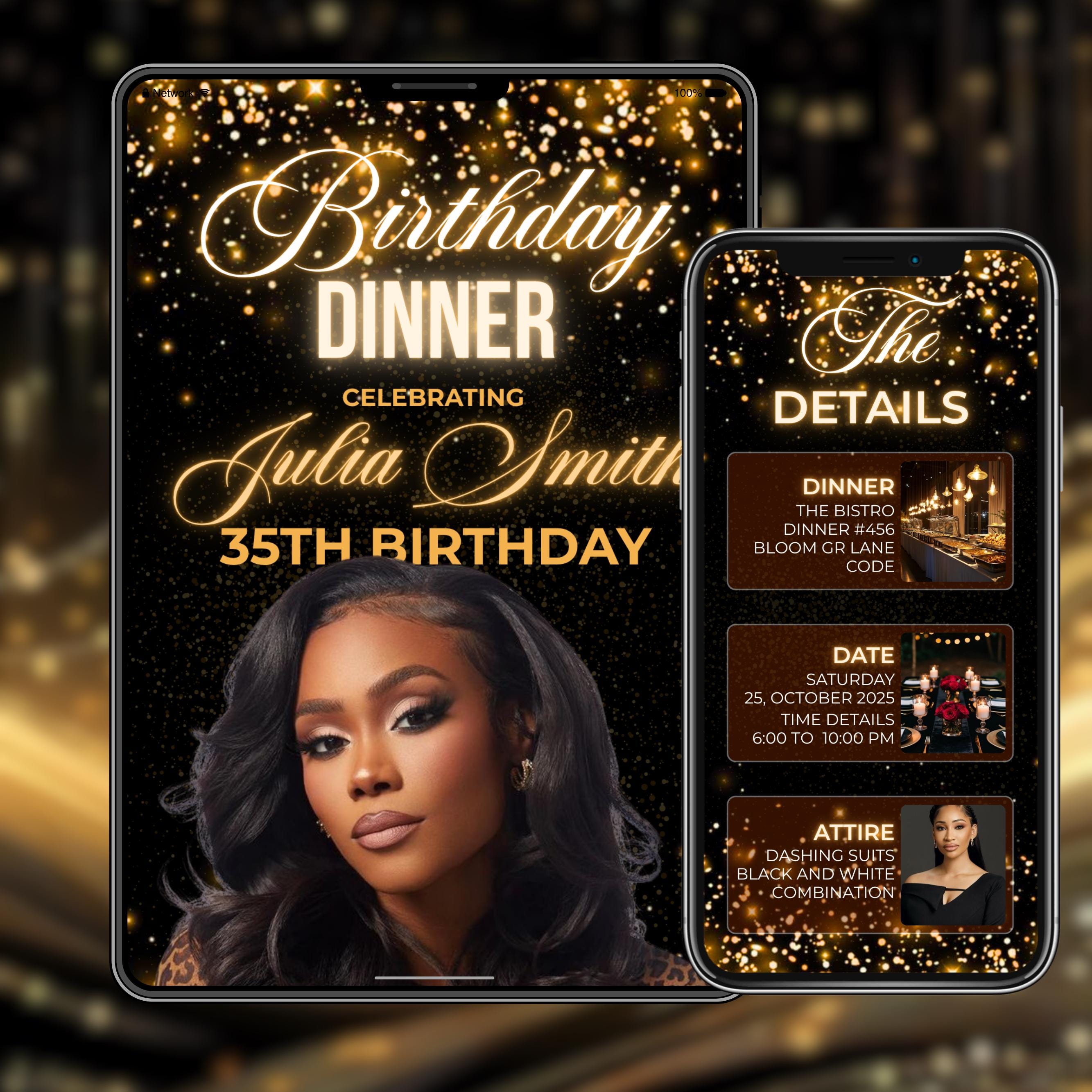 Birthday Dinner Invitation Template, Luxury Gold Birthday Dinner Evite