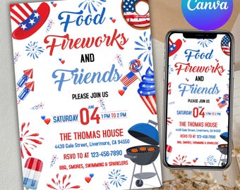 Inbjudan till grillfesten den 4 juli: Inbjudan till självständighetsdagens fest (redigerbar digital nedladdning i Canva)