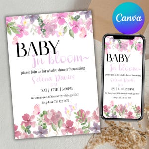 Baby in Bloom Invitation, Butterfly Baby Shower Invitation Girl, Pink Purple Butterflies Wildflower Invite, Baby Bloom Shower,Canva Editable