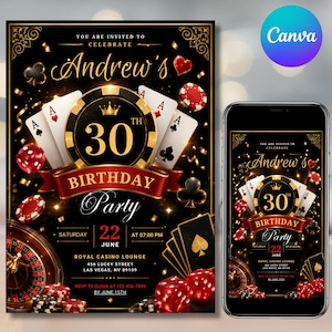 May include: Black and gold birthday party invitation with casino theme. Features a roulette wheel, playing cards, dice, and poker chips. The invitation includes the text "Andrew's 30th Birthday Party".