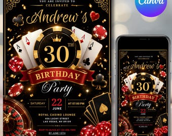 Casino Night Birthday Invitation Template, Editable Poker Party Invite, Glam Casino Theme , Vegas Style Canva Invite, Instant Download