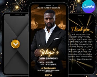Animated Birthday Invitation For Men, Digital Birthday Party Invite, Birthday Text Message Invite, Phone Party Evite, Canva Editable
