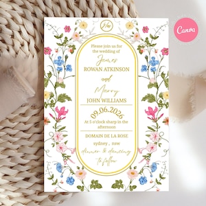 Garden Flowers Wedding Invitation Template, Wildflower Wedding Invite, Colorful Spring Floral Printable Elegant Download, Canva Editable