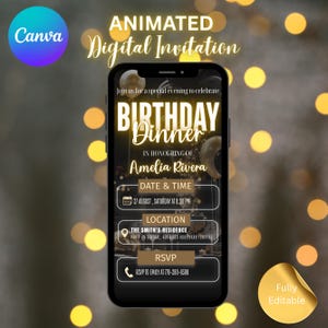 Digital Birthday Dinner invitation, Bday Dinner, Digital Birthday Party Invite, Editable Template, Digital Birthday Party, Canva Editable