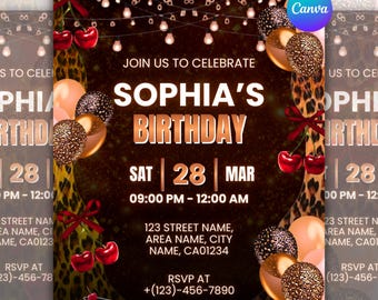 Cheetah Print Birthday Invitation, Zodiac Nightclub Birthday, Sleepover Party, Leopard Print Pajama Party, Bday Invite, Canva Editable