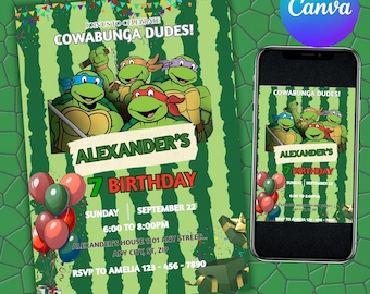 Ninja Turtle Birthday Invitation, turtles kids Birthday Invite template, karate Birthday Invite, Kids Birthday Invite, Canva Editable