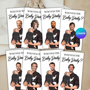 Chi ha il papà del bambino? Gioco stampabile per baby shower. Gratta e vinci con le celebrità. Modificabile con Canva.
