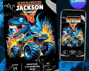 Monster Truck Birthday Invitation, Monster Jam Birthday Invitation, Boom Crash Party, Cars Birthday Invite, Can't Catch Me, Canva Editable