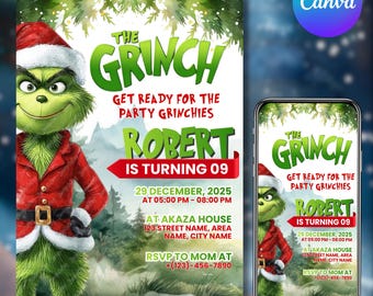 Grinchmas Birthday Party Invitation, Christmas Birthday Party Invite, Grinchmas Bday Party, Merry Grinchmas Invitation, Canva Editable