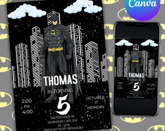 Bat Guy Birthday Invitation Template, Kids Superhero Party, Superhero Birthday Invitation, Kids Birthday Party Invite, Canva Editable