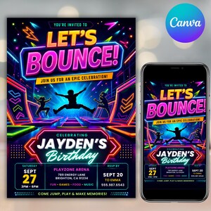 Trampoline Park Birthday Invitation, Jump Party Invite, Editable Canva Template, Kids Birthday Digital Invite, Instant Digital Download