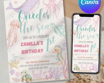 Oneder the Sea Birthday Invitation: Watercolor Ocean Animals (Canva Editable Digital Download