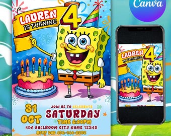Sponge Cake Birthday Invitation, Cartoon Party Invitation, Sponge bob invite, Birthday Party Invitation, Printable Template, Canva Editable