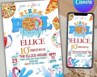 Puede incluir: Una colorida invitación para una fiesta de pizza y piscina, con el texto "Pizza and Pool Party" y "Ellice 10th Birthday". El diseño incluye porciones de pizza, una pelota de playa y una boya de flamenco. La invitación está sobre un fondo blanco.