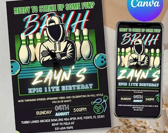 Bowling Birthday Party Invitation: Kids Bowling Alley (Canva Editable, Digital Download