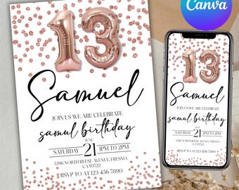 Rose Gold Glitter 13th Birthday Invitation: Editable Canva Template (Digital Download