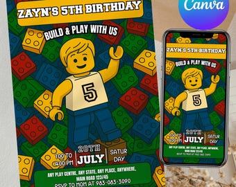 Construction Birthday Invitation: Building Blocks Party, Canva Editable