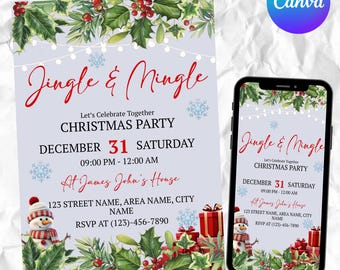 May include: A Christmas party invitation with the text "Jingle & Mingle" in red script. The invitation includes details like the date, time, and location, along with festive illustrations of holly, snowmen, and wrapped gifts. A smartphone displays the same invitation.