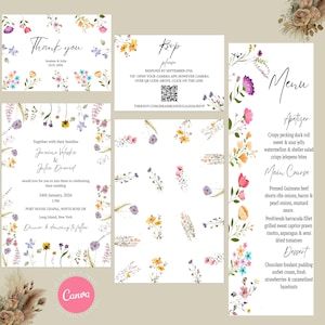 Conjunto de convites de casamento com flores prensadas, cartão de papel texturizado com sementes de flores silvestres feito à mão, convites de casamento florais, código QR RSVP, editável pelo Canva