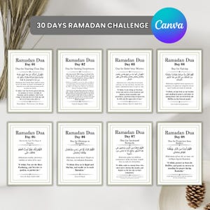 Op de afbeelding: Acht ingelijste prints met Arabische tekst en Engelse vertalingen, getiteld "Ramadan Dua" met dagelijkse thema's. De prints zijn gerangschikt in een raster, met een neutraal kleurenpalet en de tekst "30 DAYS RAMADAN CHALLENGE".