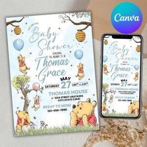 Invito per baby shower Winnie-the-Pooh, classico invito per baby shower Winnie-the-Pooh, inviti per baby shower Winnie-the-Pooh, Canva Editable