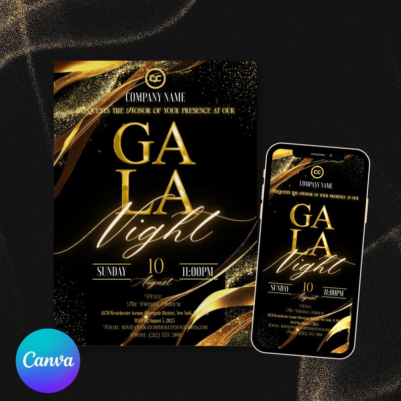 Editable Gala Invitation, Corporate Invite, Gala Night Charity Event Party Invitation, Business Invitation, Black and Gold, Business Anniversary, ala Fundraiser Banquet Invitation, Business Corporate Awards Night Invite, Printable, Gala Invitation Template, Gala Party, Corporate Fundraiser Business Invitation Anniversary, Editable Gala Invitation Template, Gala Ticket Template, Gala Party, Invite For Gala Night Charity Event Party Invitation, Fundraiser Flyer, Canva Editable