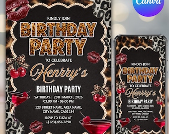 Cheetah Print Birthday Invitation, Zodiac Nightclub Birthday, Sleepover Party, Leopard Print Pajama Party, Bday Invite, Canva Editable