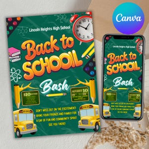 May include: A flyer and a phone screen promoting a "Back to School Bash" at Lincoln Heights High School. The design features a green chalkboard background with orange text, a red clock, yellow pencils, and school buses. The flyer includes event details.