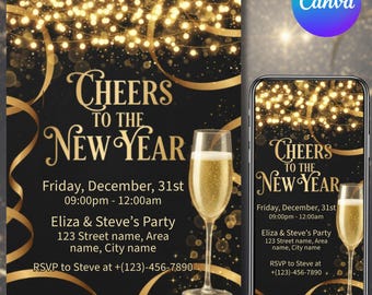 Digital New Years Eve Party Invitation, NYE Celebration Invite, Black Gold NYE Evite, Phone Text Invite, Digital Download, Canva Editable
