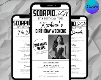 Invito di compleanno Scorpione, invito di compleanno Scorpione per il weekend sul giornale, invito digitale per il viaggio di compleanno della Bilancia, invito modificabile Canva