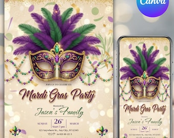 May include: A Mardi Gras party invitation featuring a gold mask with purple and green feathers, gold filigree, and green and purple beads. Text includes "Join us to celebrate", "Mardi Gras Party", "Hosted by Jason's Family", "Sunday 26th March", and "123 Anywhere St."