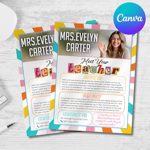 Peut inclure: Deux flyers colorés de la marque Canva avec le texte "MRS. EVELYN CARTER" et "Meet Your Teacher". Les flyers contiennent des informations sur l'enseignante, Mme Carter, et ses centres d'intérêt. Les flyers ont une bordure rayée turquoise, rose, orange et jaune.