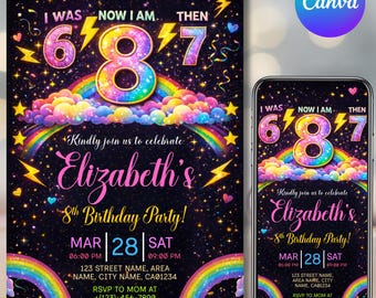 Six Seven 8th Birthday Invitation, I Was 6 Then 7 Now 8 Birthday Party, Rainbow Glitter 6 7 Gen Alpha Party Instant Download, Canva Editable