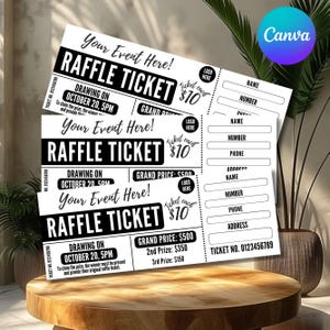 May include: Raffle tickets with the text "Your Event Here!" and "Raffle Ticket" in bold black font. The tickets include space for name, number, phone, and address. The drawing date is October 20, 5 PM, with a grand prize of $500.