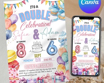 Joint Birthday Party Invitation: Editable Sibling Celebration (Canva Editable Digital Download