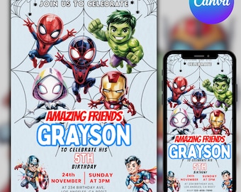 Spidey And His Amazing Friends Birthday Invitation, Spidey Invitation, Spidey Party, Printable Spidey And Friends Boy Invite, Canva Editable