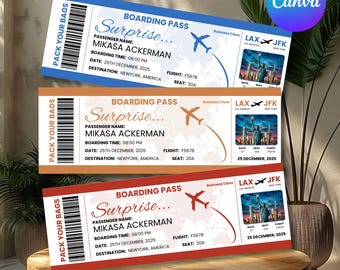 Boarding Pass Surprise Trip Ticket, Printable Plane Ticket, Airline Ticket Designs, Personalized Travel Gift, Board Pass, Canva Editable