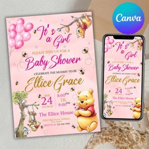 May include: Pink baby shower invitation with Winnie the Pooh illustrations and the text "It's a Girl." The invitation includes details for the event, such as the date, time, and location. A matching invitation is displayed on a smartphone.