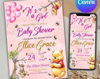 Editable Winnie the Pooh Baby Shower Invitation, Digital Invitation Oh girl, Pink Winnie The Pooh Invite, Baby Shower Invitation, Canva