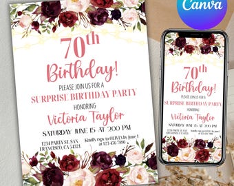 Editable 70th Birthday invitation for women, Floral Surprise Birthday Party Invite Digital Template,Any Age,Printable Instant Canva Editable