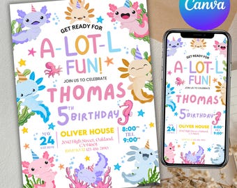 Axolotl Birthday Invitation: Under the Sea Party, Canva Editable