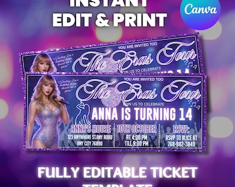 Eras Birthday Ticket Invitation: Surprise Concert Party, Printable Keepsake (Canva Editable Digital Download