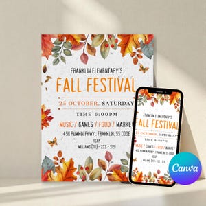 May include: An autumnal festival invitation with a watercolour design. The invitation features the text "Franklin Elementary's Fall Festival" in orange, along with event details and autumn leaves. A smartphone displays the same design.