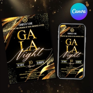 Editable Gala Invitation, Corporate Invite, Gala Night Charity Event Party Invitation, Business Invitation, Black and Gold, Canva Editable