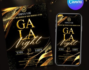 Editable Black and Gold Gala Invitation: Corporate Event, Charity Fundraiser (Canva Editable)
