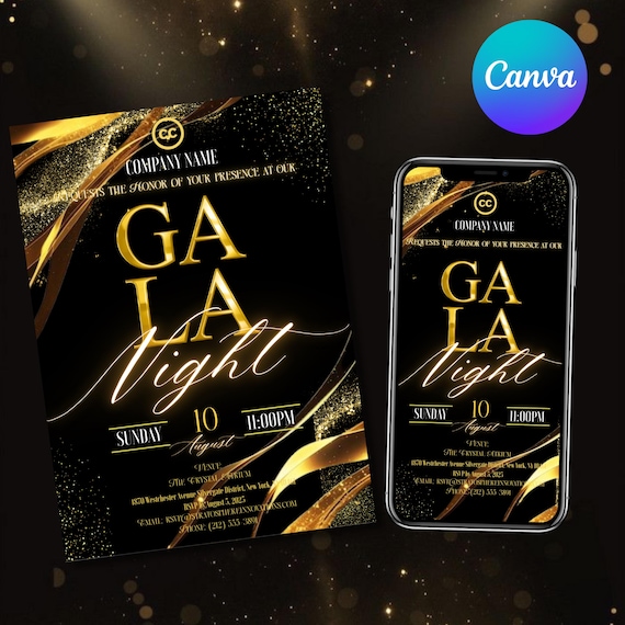 Editable Black and Gold Gala Invitation: Corporate Event, Charity Fundraiser (Canva Editable)