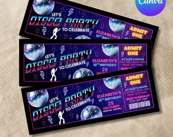 Disco Party Birthday Invitation, Tie Dye Disco Gender Neutral Invites, Dance Party Template, Retro Neon Disco ticket, Canva Editable