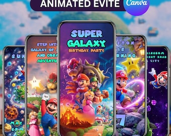 Mario Galaxy Birthday Video Invitation Template, Animated Outer Space Party Invite, Kids Bday Evite, Digital Download, Canva Editable