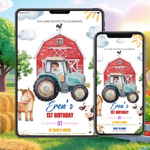 May include: A digital invitation for a first birthday party, featuring a watercolor illustration of a red barn, a blue tractor, and farm animals. The invitation includes the text "YOU ARE INVITED TO CELEBRATE" and details for the event.