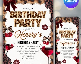 Let’s Get Tipsy Birthday Invitation Template, Leopard Cheetah Party Invite, Cherries Bday Party Invite, Digital Download, Canva Editable